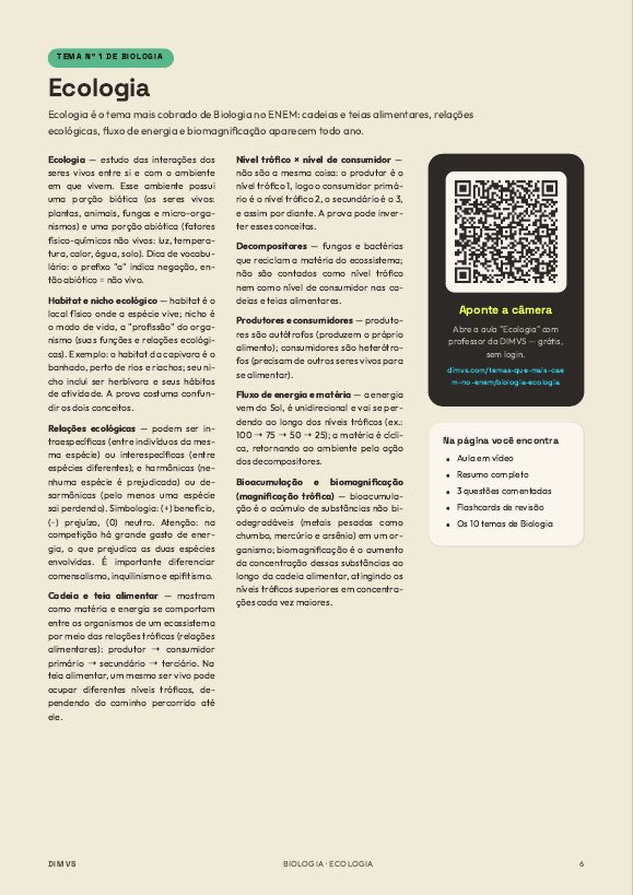 Página com o resumo de Ecologia e o QR code da aula